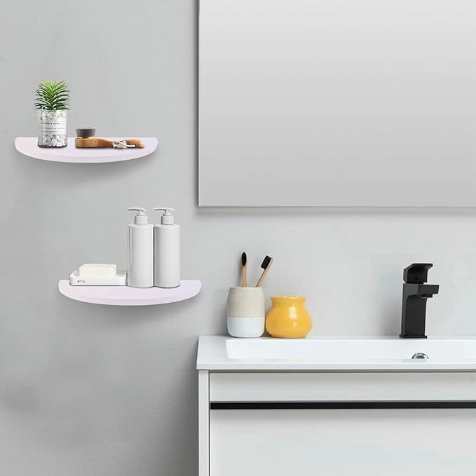 Small Floating Plant Shelves Set of 2 - Rustic Wood Half Circle Shelves for Bedroom Living Room Bathroom Kitchen Office (White)