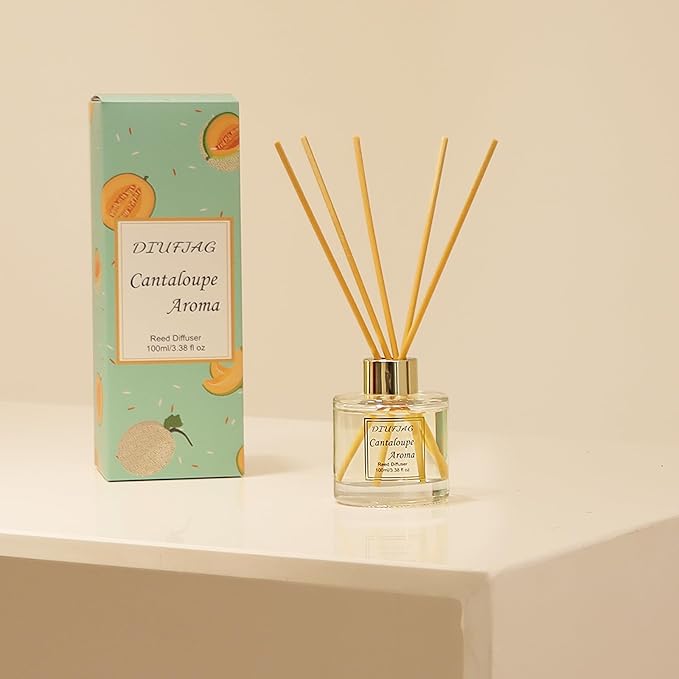 100ml Scent Diffuser with 6 Fiber Sticks, 3.5 oz Reed Diffuser Set Aromatherapy Fragrance Diffusers Air Fresheners for Home Bedroom Bathroom (Cantaloupe)