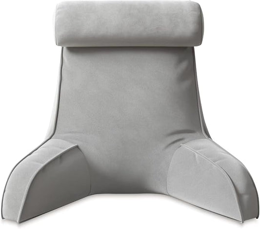 Reading Pillow for Bed Adult Size, Back Pillow for Sitting in Bed, Shredded Memory Foam Bed Chair Pillow with Arms, Pockets, Washable Cover (Light Grey, Large)