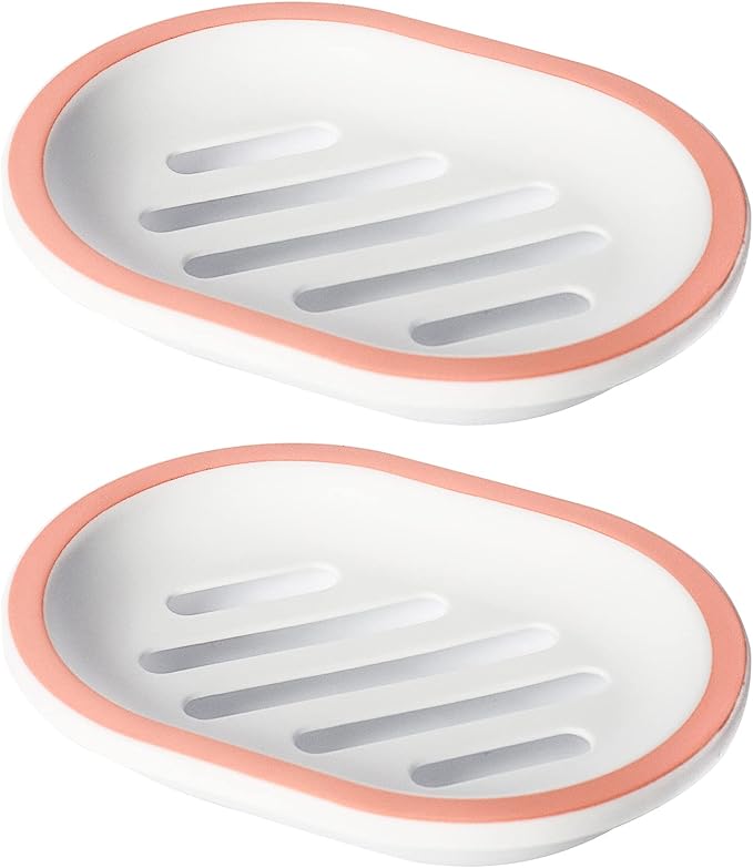 Topsky 2-Pack Soap Dish with Drain, Soap Holder, Soap Saver, Easy Cleaning, Dry, Stop Mushy Soap (White-Pink)