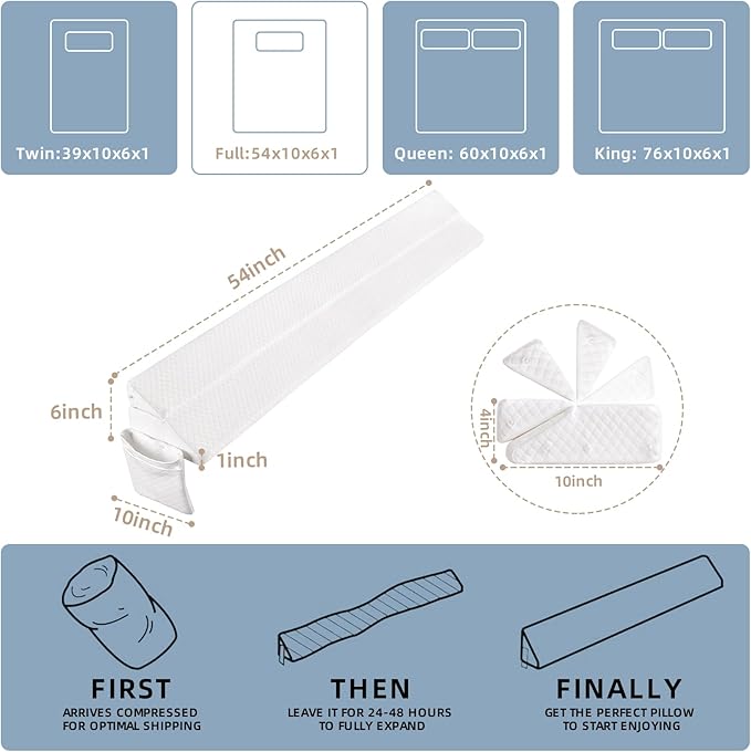 Adjustable Full Bed Wedge Pillow for Headboard Gap 0-8", 54"x10"x6" Bed Gap Filler Triangle Pillow Stopper, Fills The Gap Between Headboard and Mattress or Wall for Sleeping & Reading