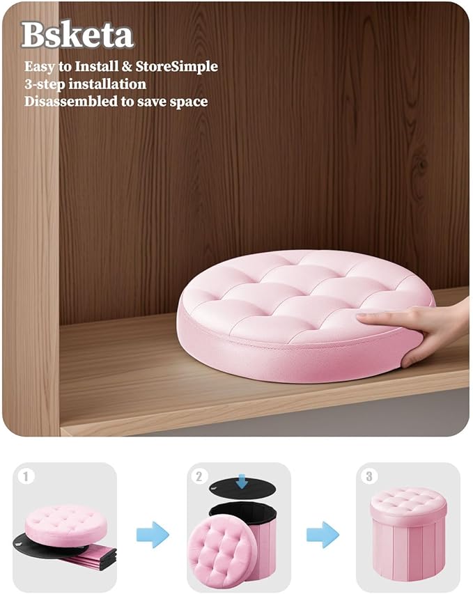 Bsketa® Folding Storage Ottoman Round 14" x 14" x 13"Inch Foot Stool with Thicker Foam Padded Seat Small Velvet Storage Ottoman Bench Foot Rest for Living Room Foldable Coffee Table(Pink)