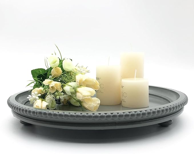 Round Wood Decorative Tray, Small Beaded Tray for Dresser Coffee Table Kitchen Corner Dinning Table, Modern Round Wooden Tray for Centerpiece (Gray, 13.4''X13.4'')