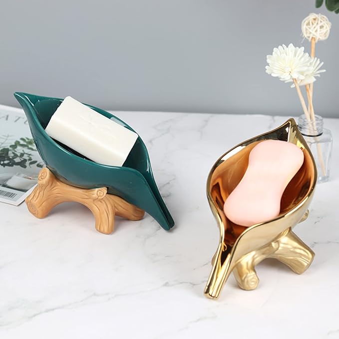 Leaf Soap Dish for Shower,Ceramic Soap Holder with Stump Bathroom Ring Dish Holder for Jewelry Engagament Wedding Birthday Gifts Gold