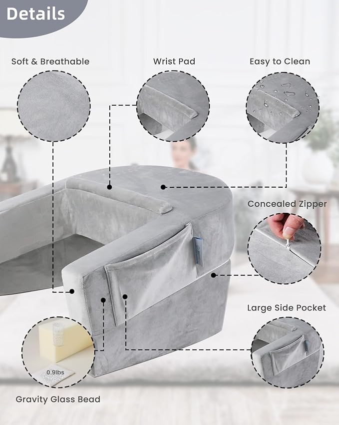 Weighted Idea Reading Pillow for Gaming, Extra Large Arm Rest Pillow for Adult，Lap Desk Pillow Gaming Pillow with 2 Side Pockets for Gaming, Reading, Working Sitting in Bed Floor Sofa (Grey)