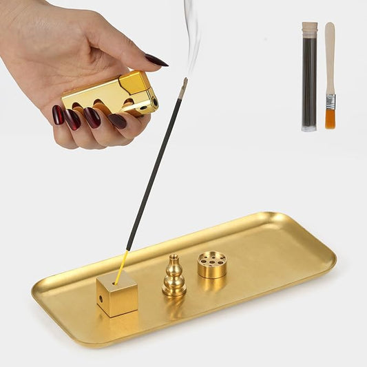 Brass Incense Holder with Tray Set,Block Incense Stick Holder for Multiple Angles, Incense Burner for Home Deco,Yoga and Relax Mood,6pcs