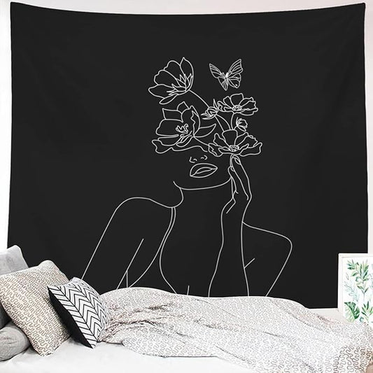 Miytal Art Line Aesthetic Black Tapestry, Simple Women with Flower Butterfly Wall Hanging, Modern Minimalist Abstract Creative Sketch Wall Décor for Dorm Bedroom Office – 51.2" x 59.1” - Black