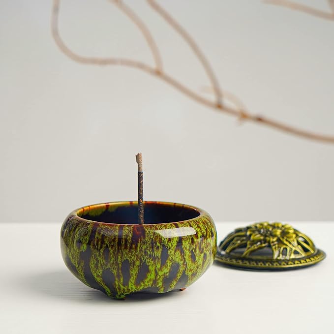 Incense Burner with Calabash Incense Stick Holder - Porcelain Charcoal Censer for Use with Resin Granular Powder Cone or Coil Incense (Kiln-Colored Green)