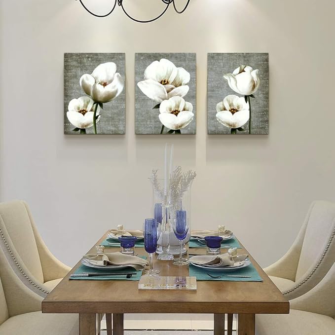 Living Room Wall Decor Canvas Wall Art For Bedroom Bathroom Wall Painting Artwork Gray Green Vintage Style White Flowers Abstract Pictures Wall Decorations For Kitchen 3 Panels Modern Family Decor