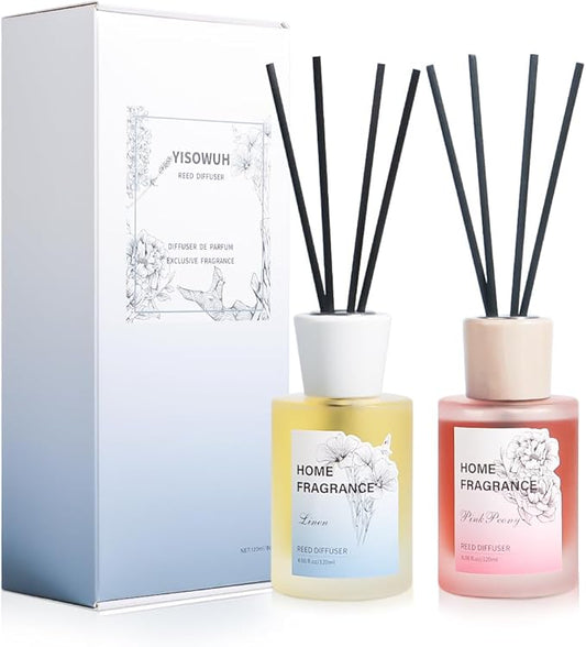 Reed Diffuser - Linen&Pink Peony 4.06oz (120ml) 2 Packs Essential Oil Reed Diffuser Set with 16 Sticks, Long Lasting Fragrance for Home, Bathroom, Bedroom, Room, Decor