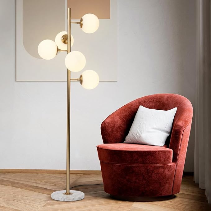 KCO Lighting 5-Light Frosted White Glass Globe Floor Lamp Mid Century Modern Gold Tall Pole Standing Light LED Standing Lamps with Foot Switch for Home Office (Gold)