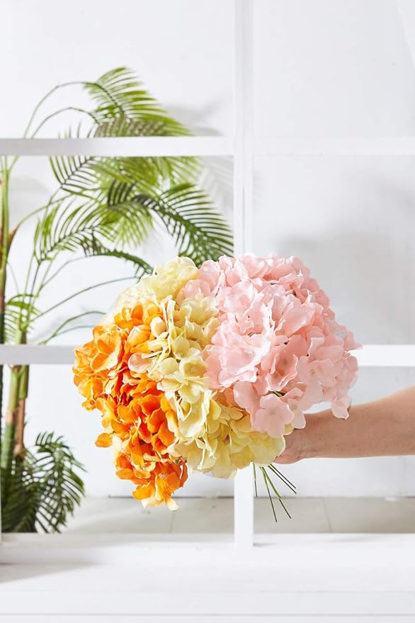 Artificial Hydrangea Flowers Blush Heads 10 Fake Hydrangea Silk Flowers for Wedding Centerpieces Bouquets DIY Floral Decor Home Decoration with Stems(VASE NOT Included)