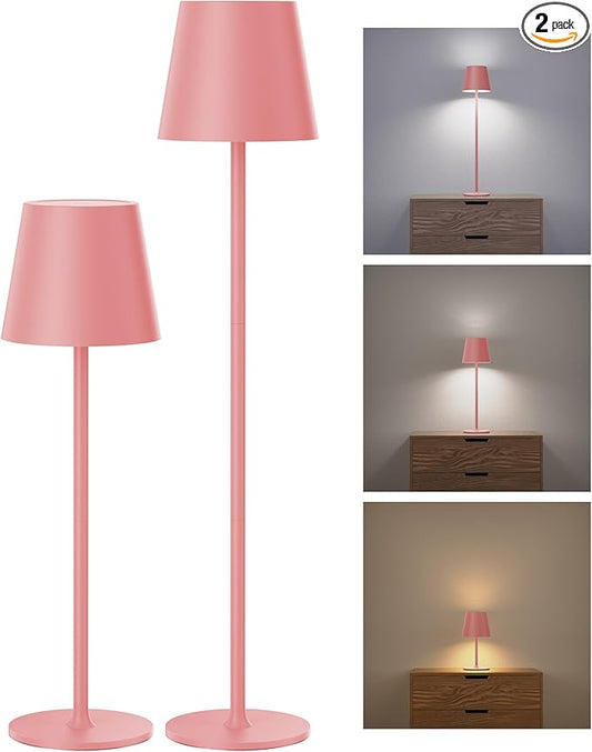 JACKYLED Cordless Table Lamps Rechargeable, 3 Adjustable Height, 5000mAh Battery Operated, 3 Colors Smooth Dimming, Portable LED Waterproof Table Lamp for Dining, Bedroom, Outdoor (2 Pack-Girly Pink)