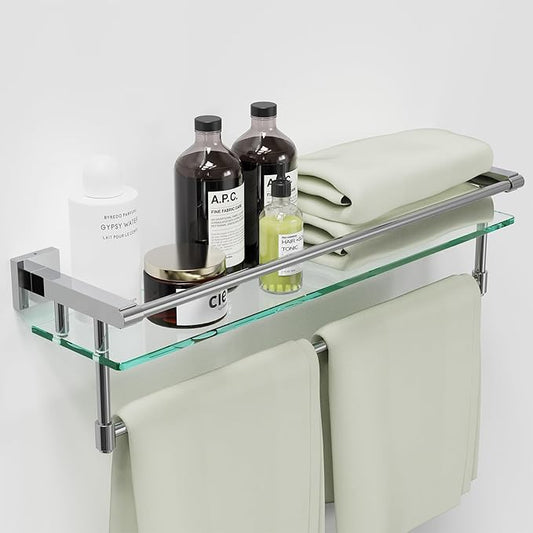 20" Glass Shelves for Wall with Towel Bar/Track SUS 304 Stainless Steel Shelf Tempered Glass Shelf, for Toilet, Room Decor(Chrome Polished, 24-inch)