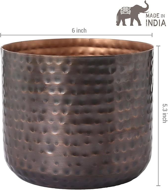 MyGift 6 Inch Vintage Copper Tone Metal Vase, Flower Pot with Hammered Texture, Cylindrical Indoor Succulent Plant Container - Handcrafted in India