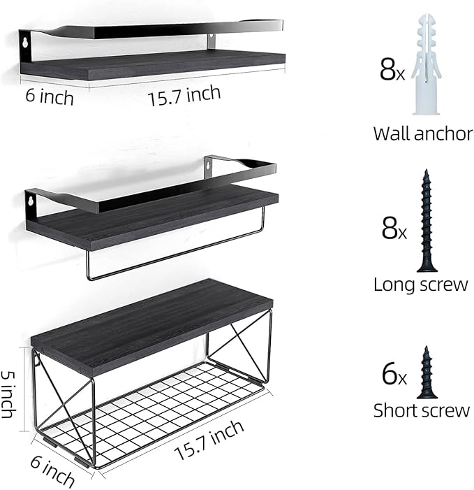 Bathroom Shelves with Wire Storage Basket, Floating Shelves Over Toilet with Protective Metal Guardrail, Wall Shelves for Bedroom, Living Room, Kitchen and Bathroom Toilet Paper
