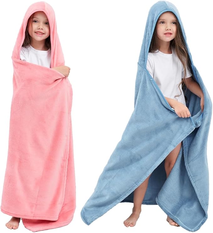 Hiturbo 2Pcs Kids Fleece Hooded Towel: Soft Plush Warm Blanket - 50"x30" Pool Beach Bath Swim Towel Wrap for 3-12 Yrs (Blue+Pink)