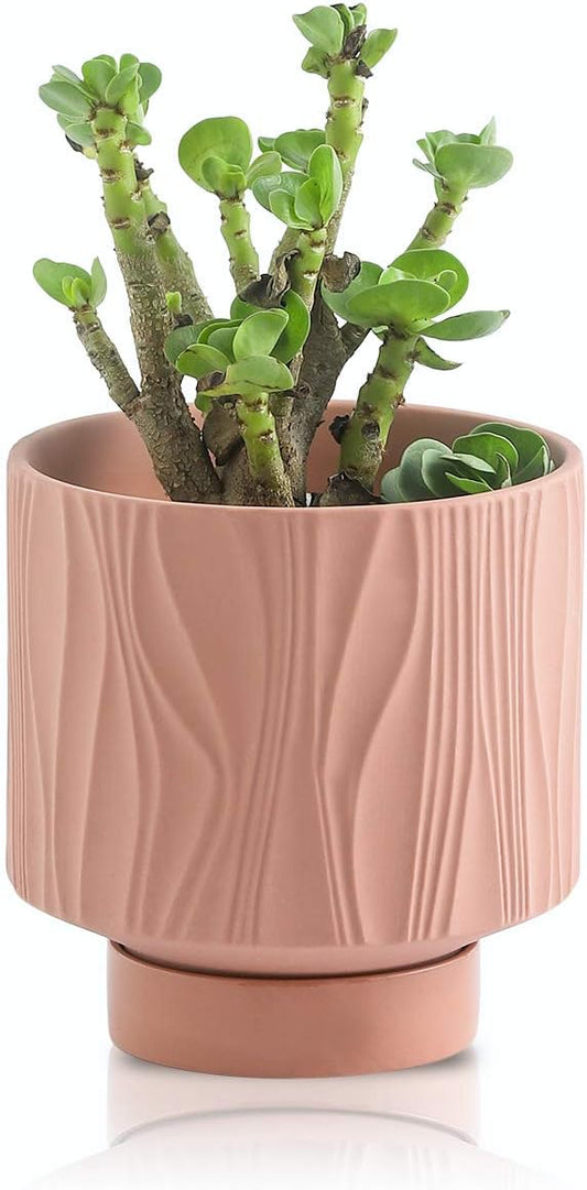 UBEE Plant Pots Indoor-5.5 inch Ceramic Flower Pot Succulent Pot with Drainage Hole and Ceramic Tray-Water Ripple for Gardening Home Desktop Office-Plants NOT Included(Ochre/Terracotta)