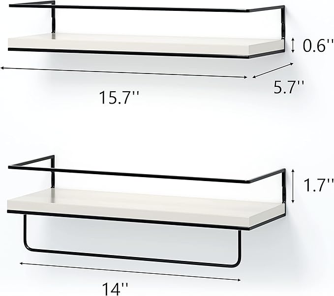 Shario White Floating Shelves - Set of 2, Wall Mounted Hanging Shelves with Black Towel Rack, Decorative Storage Shelves for Bathroom, Kitchen, Living Room & Bedroom (Modern White)