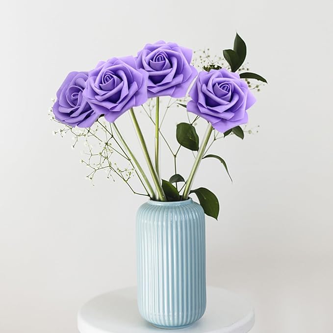50PCS Artificial Flowers Purple Roses Real Looking Foam Fake Roses with Leaves and for DIY Wedding Bouquets Bridal Shower Centerpieces Party Decorations (Purple, 50)