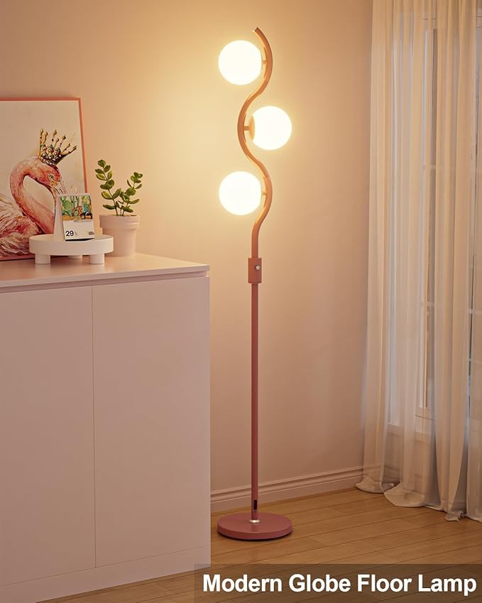 60IN Dimmable (Brightness Adjustable) Pink Floor Lamp, Modern Standing Lamps with 3 Globe Soft Warm White 3000K Bulbs, Mid Century Floor Lamp for Living Room Bedroom Home Decor
