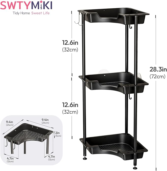 SWTYMIKI Corner Shower Caddy Standing - 3 Tier Rust Proof Floor Standing Shower Organizer with 4 Hooks, Waterproof Corner Stand Shower Shelf Storage Rack for Bathroom, Bathtub, Black