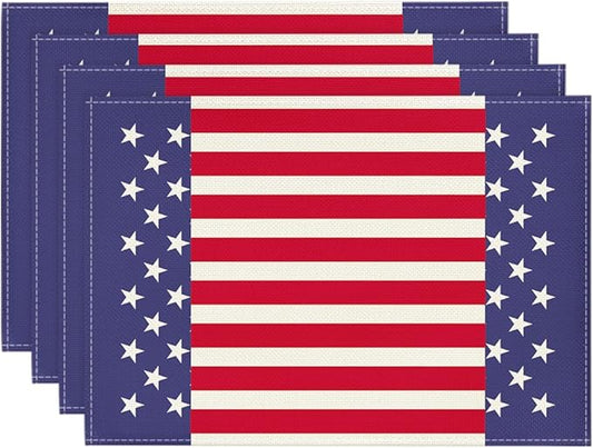 Artoid Mode Watercolor Stripes and Stars 4th of July Placemats Set of 4, 12 x 18 Inch Patriotic Memorial Day Seasonal Holiday Table Mats for Dining Table Decoration