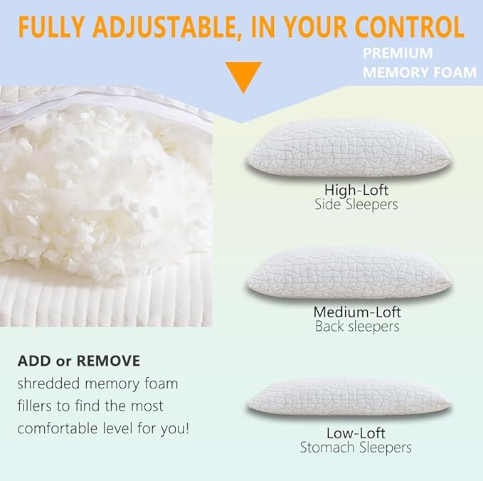 Shredded Memory Foam Pillows, Standard Size Set of 2,Adjustable Bed Pillows for Side Back Stomach Sleepers,Comfy Cooling Pillows for Sleeping with Washable Cover…