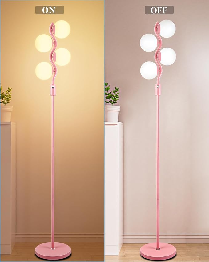 60IN Dimmable (Brightness Adjustable) Pink Pole Floor Lamp, Modern Standing Lamps with 4 Globe Soft Warm White 3000K Bulbs, Mid Century Floor Lamp for Living Room Bedroom Home Decor