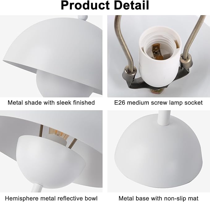 COSYLUX Modern Small Table Lamp for Bedroom, Cute Dome Shade Reflecting Light Reading Lamp for Living Room, Kid's Room, Study, Office, Beside Bedside Nightstand Desk Lamp(White)