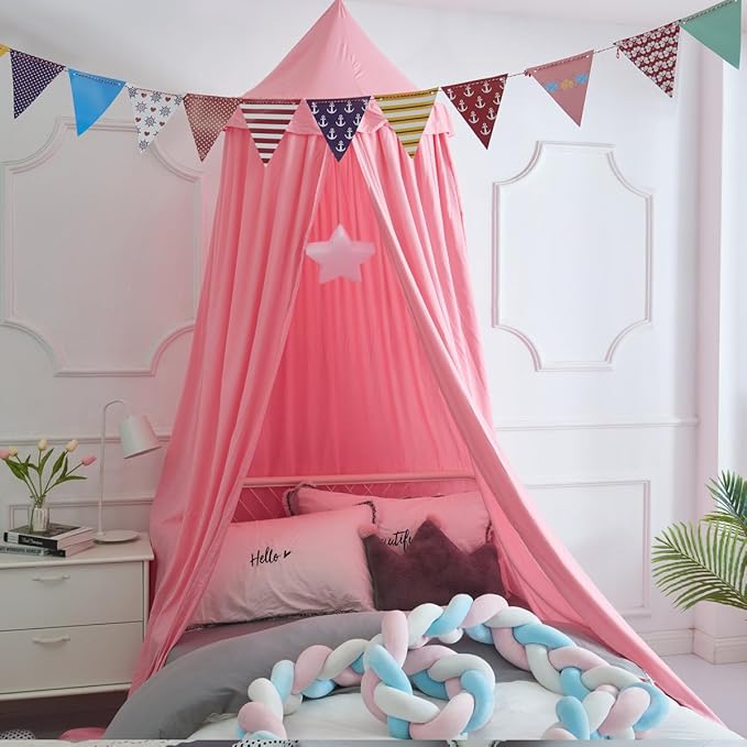 Upgrade Version of Canopy for Kids Bed, Extra Large Canopy for Girls Room Decoration Princess Castle Play Tent Hanging House, Dreamy Canopy for Children Room Reading Nook Canopies (Nordic Pink Ruffle)