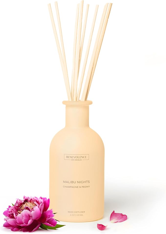 Benevolence LA Reed Diffuser - Champagne & Peony | Luxurious Home & Bathroom Decor | Long-Lasting Scent Diffusers for Home - Malibu Sands Collection