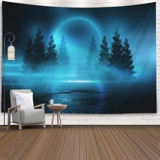 EMMTEEY Enchanted Forest Tapestry Moonlight Shine Dark Natural Scene with Reflection of in the Water Neon Blue 92.5X70.9 Tapestry