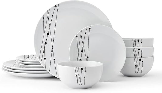 Studio Nova Linear Symphony 12 Piece Dinnerware Plate Bowl Set, Service for 4