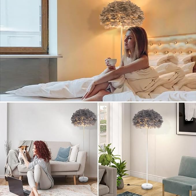 59INCH Feather Floor Lamp,Gray Goose Feather Lamp Elegant Standing Lamp for Living Room,Bedroom,Child's Room,Office,Apartment,Corner,Reading Nook,with Foot Pedal Switch
