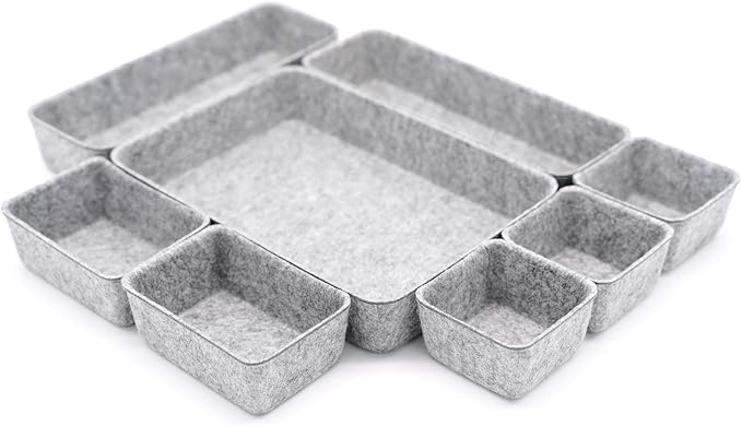 Welaxy Office Drawer Organizers Trays Drawers dividers Felt Storage Bins Organizer bin for Jewelry Cosmetic Makeup Junk Silverware pens Art Crafts Tools Sturdy Flexible Bins,Pack 8 (Gray)