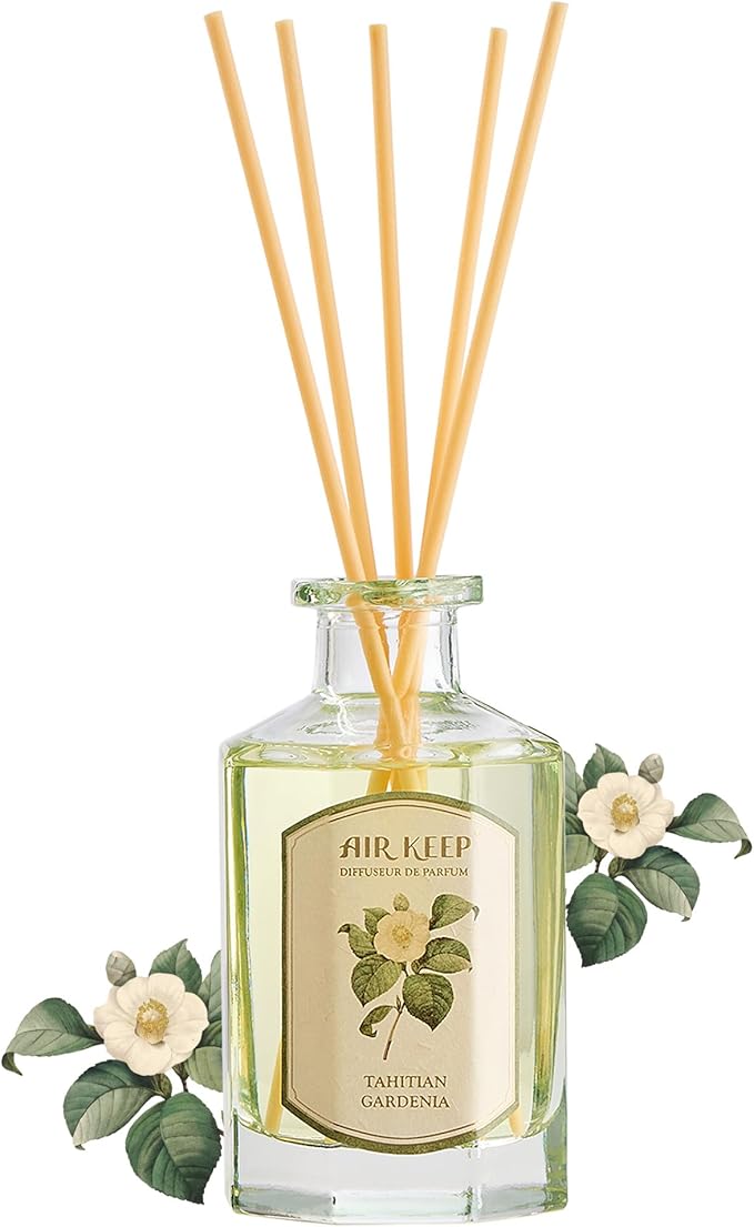 Airkeep Reed Diffuser Set-6.09 oz (180ml) Tahitian Gardenia Jasmine Scented Diffuser with 8 Reed Sticks Home Fragrance Oil Diffuser for Bathroom Shelf Decor