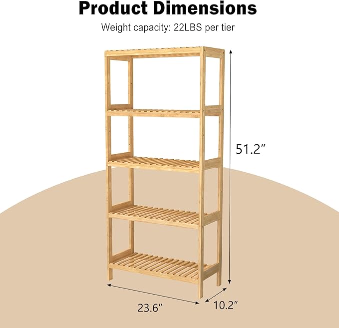 kinbor 5-Tier Bamboo Shelf Freestanding - Space-Saving Bathroom Standing Shelf & Plant Stand, 5 Shelf Bookcase for Kitchen, Living Room, Office (Natural Bamboo, Easy Assembly)