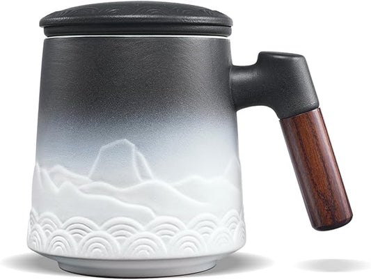 ZENS Mug With Infuser and Lid for Loose Leaf Steeper, 16.9oz Embossed Ceramic Cup With Fine Strainers, Wood Handle Large Diffusers, Tea Accessories for Lovers Gifts