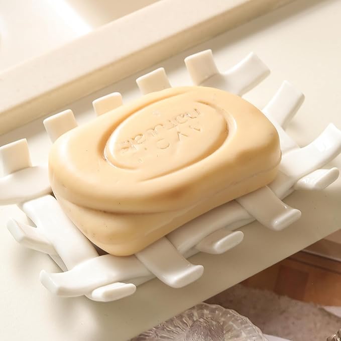 Ceramic Soap Dish with Self Drain for Shower, Bar Soap Holder to Lift and Keep Dry, Concave Design to Prevent Slipping, Suitable for Kitchen and Bathroom, White