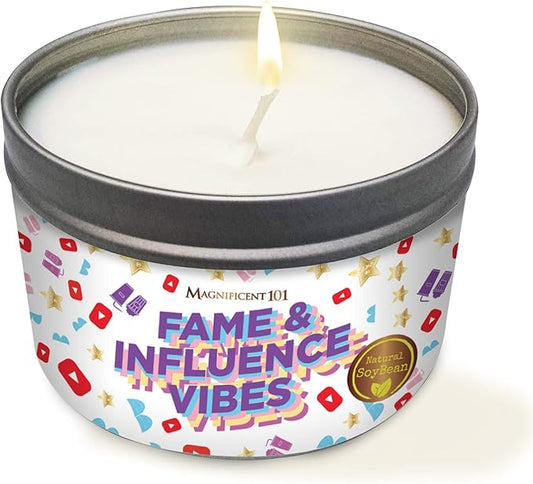 Magnificent 101 Fame & Influence Vibes 6-oz. Candle in Tin Holder; 100% Natural Soy Wax with Ginger, Clove & Frangipani Essential Oils for Aromatherapy, Energy Cleansing & Meditation; Great Gift