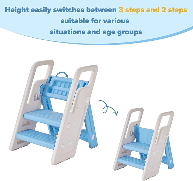 Folding Toddler Step Stool for Bathroom Sink,Adjustable 3 to 2 Step Stools for Toilet Potty Training,Sturdy Kids Step Stool for Kitchen Counter with Handle,Blue
