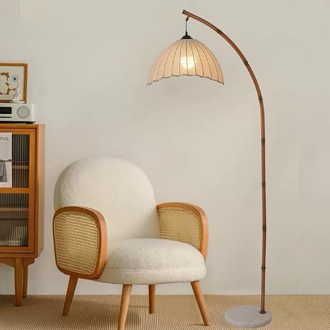 Retro Floor Lamp Unique Bamboo Color Floor lamp Bohemian Hanging Arc Floor Lamp with Antique Rattan Style Vertical Standing tall Lamp for Bed Room Farmhouse Study Living Room Indoor decoration