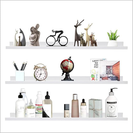 AZSKY 48 Inch White Large Picture Ledges Wood Photo Display Shelf Long Shallow Picture Shelf for Pictures with Lip Wall Mounted Set of 3 for Living Room Bedroom Bathroom Kitchen Same Sizes