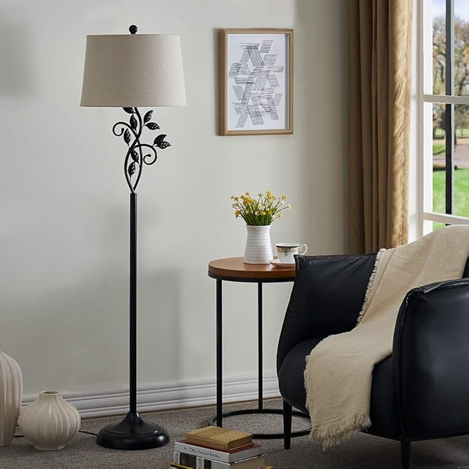 Maxax Traditional Floor Lamp, Reading Standing Light with White Fabric Shade, 100W 3-Way Dimmable Metal Leaf Floor Lamp for Living Room and Bedroom, Black