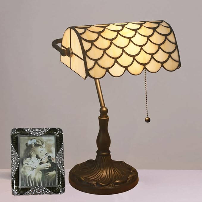 Tiffany Style Bankers Table Lamp Stained Glass Piano Desk Lamp Vintage Bedroom Bedside Lamp for Study,Antique Alloy Base,Zipper Switch,Green d