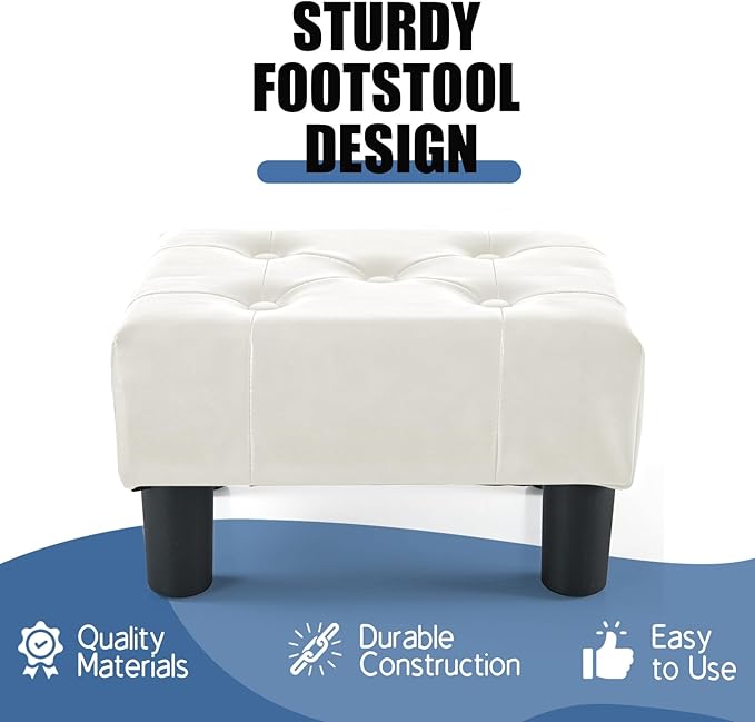 BRIAN & DANY Small Foot Stool, Leather Foot Stools with Legs, Stable Small Footstool for Living Room, White