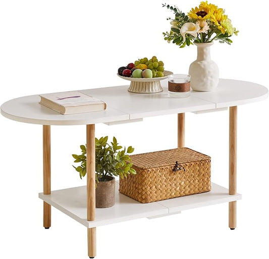 Oval Coffee Table White, Small Wooden Coffee Table for Small Space, Splicing Design 35 * 16 * 17in, 2 Tier Center Table for Living Room White YD-011W