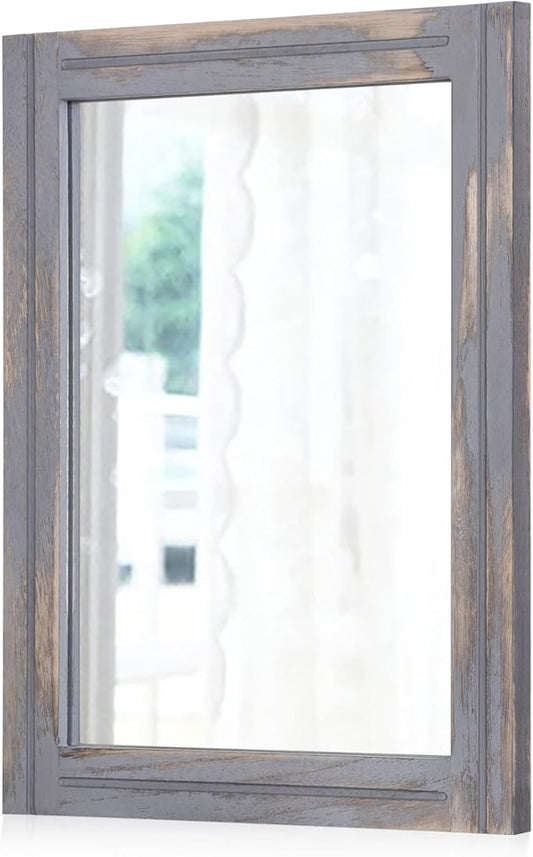 AAZZKANG Wood Framed Mirror Rectangular Rustic Wall Mirrors Decorative Large 28"x20" for Farmhouse Bathroom Living Room Bedroom Grey