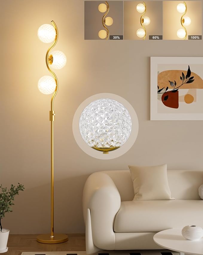 60IN Dimmable Gold Standing Lamps, Ice Crystal Modern Floor Lamp with 3000K G9 Bulbs Included, Mid Century Vintage Globe Floor Lamp